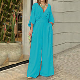 Jumpsuit mit Fledermausärmeln, V-Ausschnitt, rückenfrei, Taillenbesatz, lockerer Jumpsuit mit weitem Bein